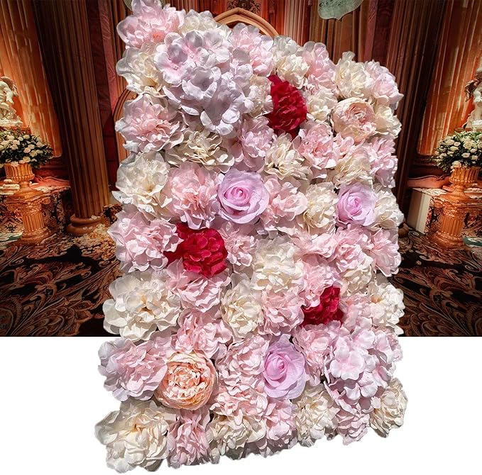 16"x 24" Artificial Flower Wall Panels,Flower Wall Mat Silk Flower Panels for Outdoor Garden Backyard Fence Fence Privacy Screen and Indoor Wall Decor(20Pcs Light Pink+Light Yellow+Red)