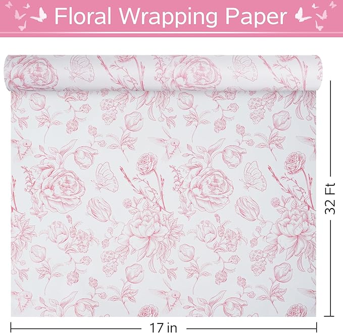 RayofSun Pink Floral Wrapping Paper Roll 17 in x 32ft Mini Roll Vintage Toile Flower Gift Wrap Paper for All Occasion Wedding Birthday Bridal Shower Party Baby Shower Christmas