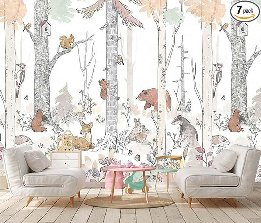 Kids Tree Wallpaper Mural Cute Animals Plants Birds Wallpaper for Nursery Boys Girls Bedroom Living Room (Not Self-Adhesive)