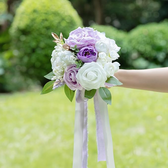 ponatia Lilac Wedding Bouquets for Bride Bridesmaid, White Wedding Artificial Roses Flowers for Wedding Bouquets Ceremony, Anniversary (Lilac & White & Ivory)