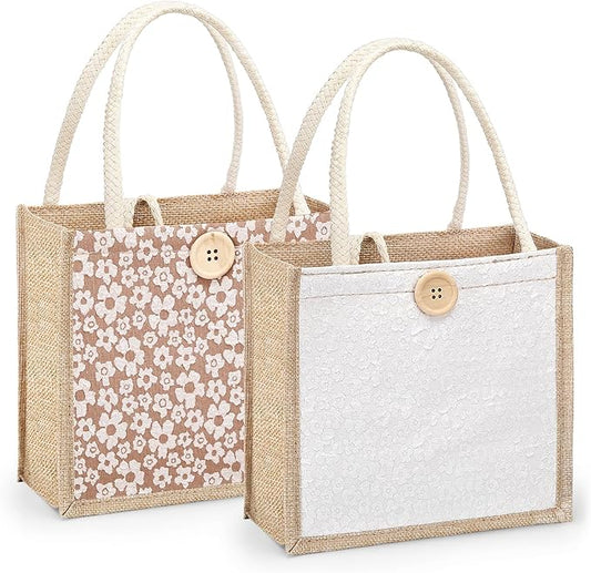Women Tote Bag,2Pcs Jute Casual Tote's Handbag Embroidered Personalized Bento Bag,Reusable Grocery Bags Shopping Bags