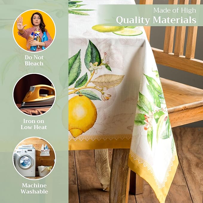 Maison d' Hermine Table Cloth Rectangle Table 100% Cotton 60 x 90 Inches Tablecloth Reusable Decorative for Dining Room, Farmhouse, Home, Party, Festive & Wedding Spring Summer - Limoncello
