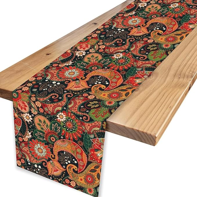 Vintage Paisley Table Runner, Colorful Retro Damask Antique Floral Flower Boho Damask Swirled Print Table Center Decor for Family Kitchen Table Decorations Indoor Outdoor 13x36 inch