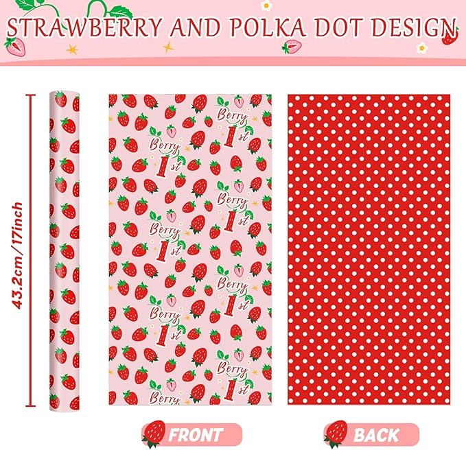 WERNNSAI Berry First Birthday Wrapping Paper - 1 Roll 17”x 33ft Pink Strawberry Gift Wrapping Paper Sweet One Birthday Packing Supply Baby Shower Party Favors Berry Sweet Design