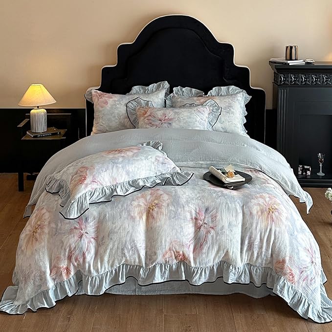 HighBuy Linen Cotton Duvet Cover Full,Blue Ruffle Bedding French Style Floral Print,Yarn-Dyed Textured Duvet Cover Set Blush Flower Shabby Chic Bedding Comforter Cover Set，Soft and Breathable