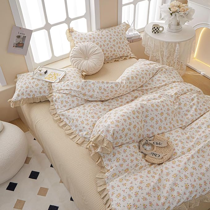 VM VOUGEMARKET Twin Comforter Set with Rose Flower Pattern,1 Ruffle Comforter and 2 Pillow Shams for Girls Women,Reversible Yellow Plaid Bedding Set(3pcs,Twin XL)