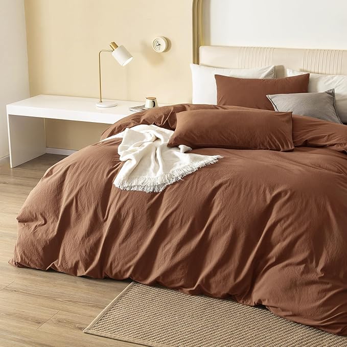 JIYUAN 100% Washed Cotton Duvet Cover Set 3 Pieces King, 1 Duvet Cover 104x90 Inches(Comforter Not Included) and 2 Pillowcases,Linen Feel Bedding Set Comfy and Breathable,Burnt Orange