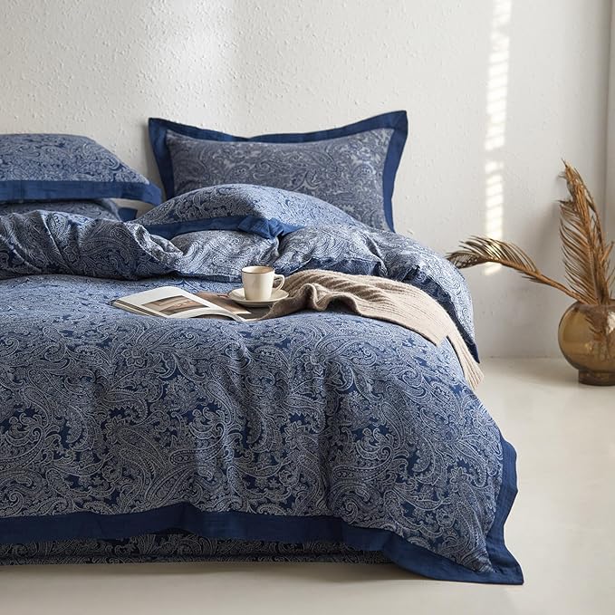 Full Duvet Cover Vintage Blue Floral Duvet Cover Boho Paisley Bedding Set Linen Cotton Yarn-Dyed Textured Duvet Cover with Zipper Closure Reversible Paisley Flower Comforter Cover with 2 Pillowcases