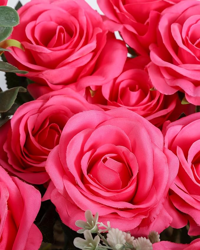 DuHouse 10pcs Fake Roses Artificial Silk Flowers Faux Rose Flower Long Stems Bouquet for Arrangement Wedding Centerpiece Party Home Kitchen Decor(Hot Pink)