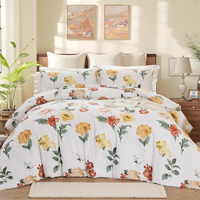 Yellow Floral Comforter Set Cute Botanical Bedding Queen 100% Cotton Floral Vintage & Country Cottage Bedroom Decor Soft Reversible