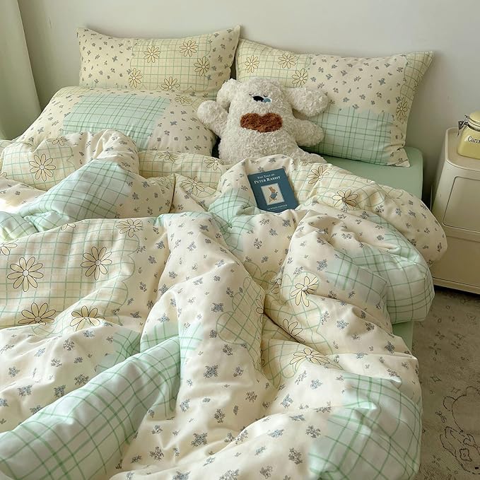 LifeTB Muslin Cotton Duvet Cover Set Full Size Vintage Style Floral Duvet Cover Soft Breathable Comforter Cover Farmhouse Flower Plaid Bedding Set Linen Feel Gauze Comforter Cover with Zipper Closure