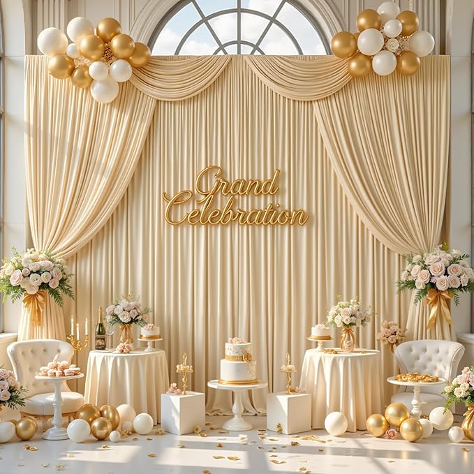 gogoparti 20ft x 12ft Beige Wrinkle-Free Backdrop Curtain for Wedding Parties, Thick Polyester 4 Panels 5x12ft for Wedding Birthday Baby Shower Halloween Photography Party Background
