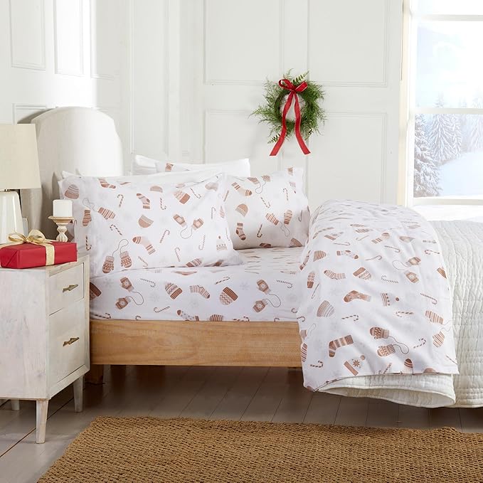 Market & Place 100% Cotton King Flannel Sheet Set | 4 Piece Deep Pocket Novelty Cozy Winter Bed Sheets | Double Brushed for Extra Softness & Comfort | Alpine Collection (King, Winter Mittens)