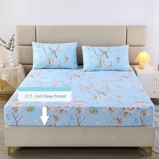 RYNGHIPY Egyptian Cotton Bed Sheet Set Blue Bird Botanical Pattern Bed Sheets Deep Pocket Fitted Sheet Tree Branches Print Bedding Soft Breathable (Light Blue,King Size)