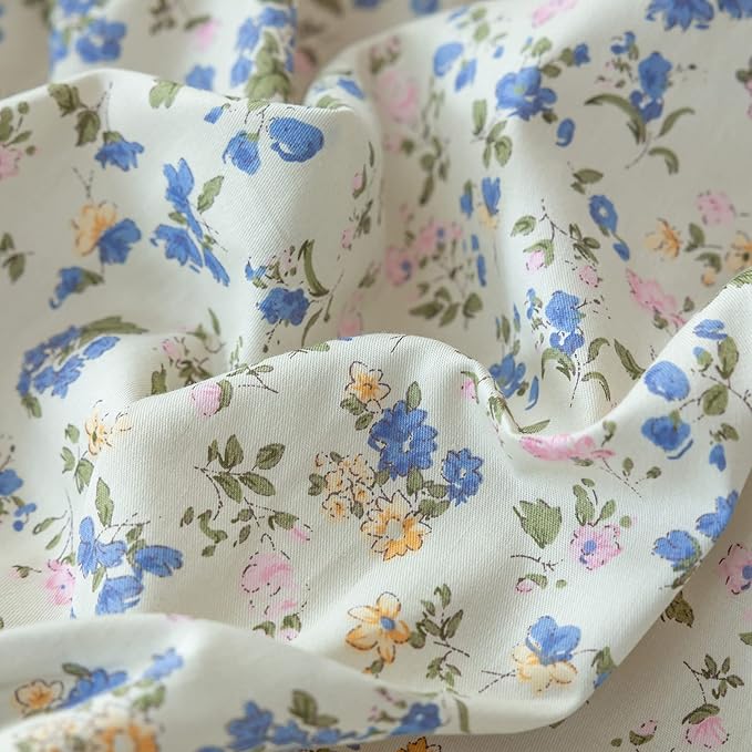 EAVD Vintage Style Garden Botanical Floral Duvet Cover Queen Soft 100% Cotton Pink Blue Yellow Floral Bedding Set with 2 Pillowcases Chic Botanical Duvet Cover with Zipper Closure