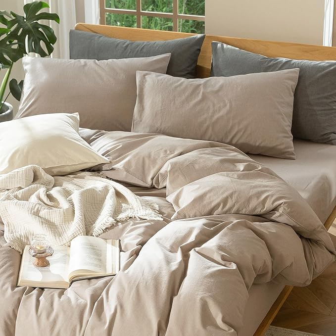 MooMee Bedding Duvet Cover Set 100% Washed Cotton Linen Like Textured Breathable Durable Soft Comfy (Heathered Taupe, Cal King 104"x98")