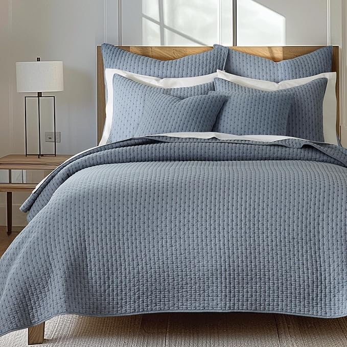 Levtex Home - Cross Stitch Chambray Quilt Set - King Quilt + Two King Pillow Shams - Cross Stitched Pattern - Quilt Size (106x92in.) and Pillow Sham Size (36x20in.) - Reversible - Cotton Fabric