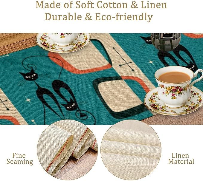 Mid Century Modern Black Cat Table Runner,Table Runners for Kitchen Dining Modern Tables Decor Decoration for Kitchen Family Dinner Table Holiday Party Farmhouse 13 x 90 Inch Blue