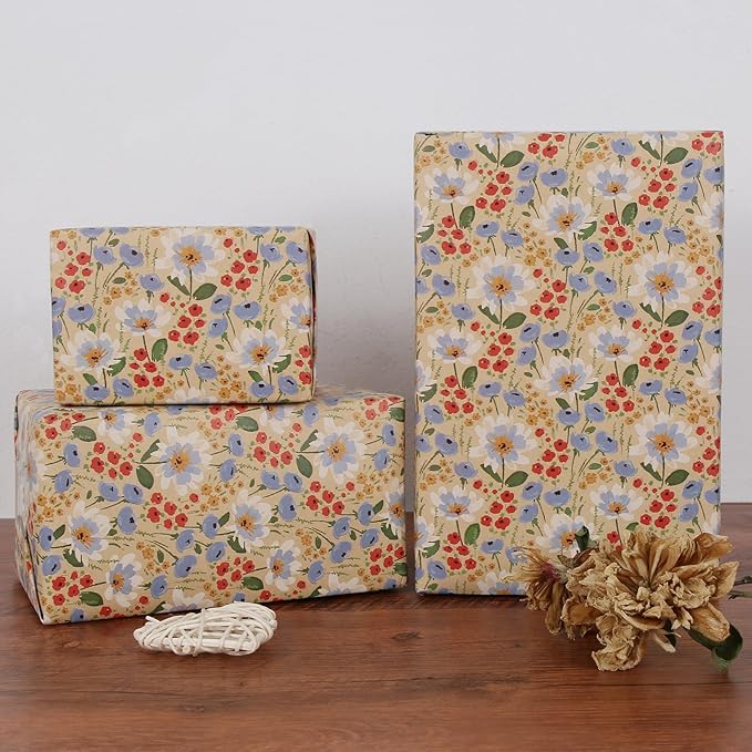 Aimyoo Watercolor Floral Kraft Wrapping Paper Roll, 17 inch x 32.8 ft All Occasion Vintage Flower Gift Wrap for Wedding Birthday Bridal Shower