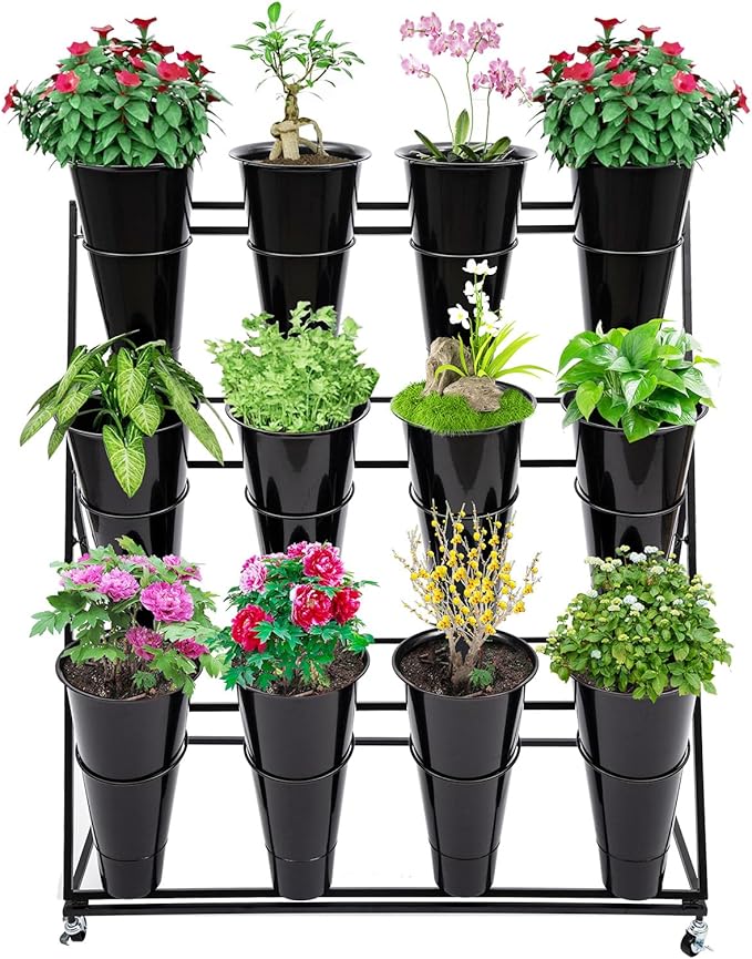 3 Layers Flower Display Stand with 12PCS Buckets Moving Fresh Flower Rack Metal Florist Bouquet Shelf with Wheels Flower Display Stand for Indoor Living Room Florist,39.3*19.6*43.3inch,Black