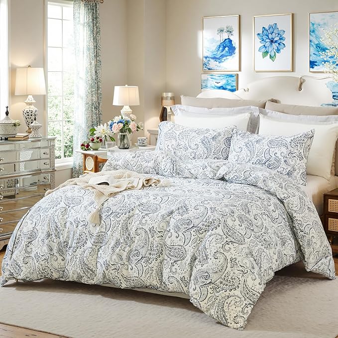 100% Cotton Duvet Cover Sets Queen Size, 3 Pieces Reversible Soft Bedding Sets,Blue Floral Paisley Comforter Cover, Breathable, Lightweight, All Season