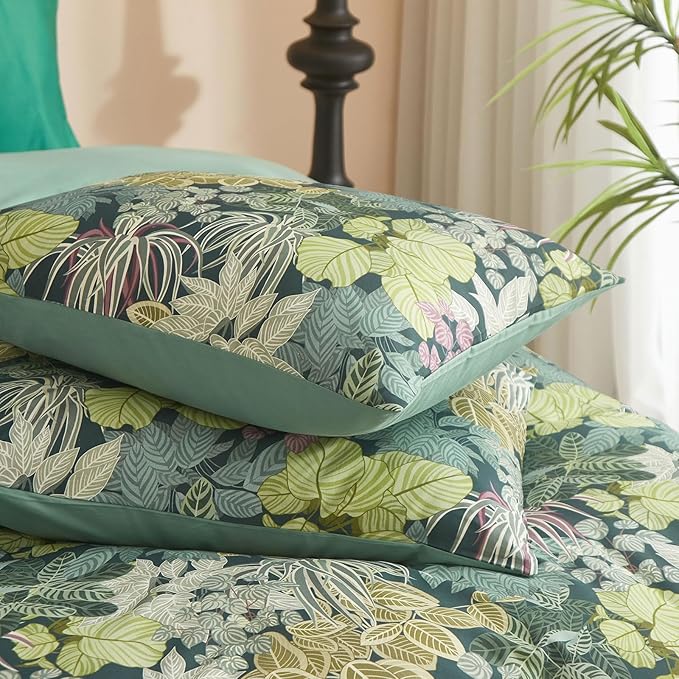 EAVD Tropical Leaves Duvet Cover Twin Soft Cotton Chic Plant Green Leaf Pattern Bedding Set with 2 Pillowcases Fresh Botanical Leaves Comforter Cover with Zipper Closure