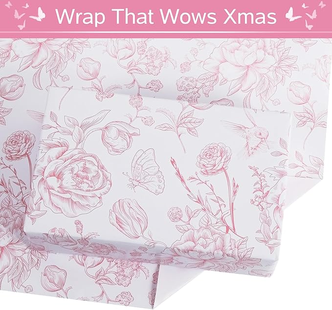 RayofSun Pink Floral Wrapping Paper Roll 17 in x 32ft Mini Roll Vintage Toile Flower Gift Wrap Paper for All Occasion Wedding Birthday Bridal Shower Party Baby Shower Christmas