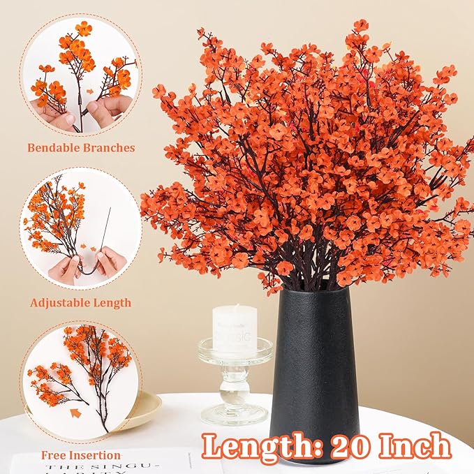Yastouay Fake Fall Flowers Thanksgiving Table Decor, 5Pcs Fall Orange Faux Artificial Flowers for Decorations, Babys Breath Artificial Flowers Bulk for Thanksgiving Fall Decor Floral Arrangement