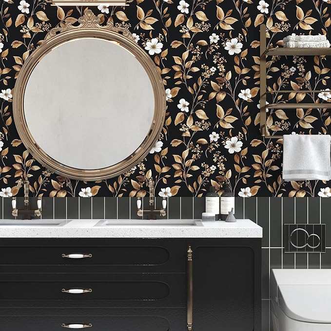 Vintage Black Peel and Stick Wallpaper – Black and Gold Floral Leaf Design Dark Metallic Self-Adhesive Vinyl Contact Paper for Bedroom, Cabinet, Drawer, Shelf Removable Wall Paper 17.5" x 118"