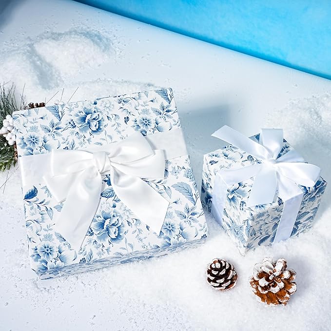 BIOBROWN Floral Wrapping Paper Jumbo Roll - 17 Inch X 33 Feet (82.5 sq. ft. ttl.) Blue White Peony Design Chinoiserie Gift Wrap Stone Paper for Christmas, Wedding, Bridal Shower, Mother's Day