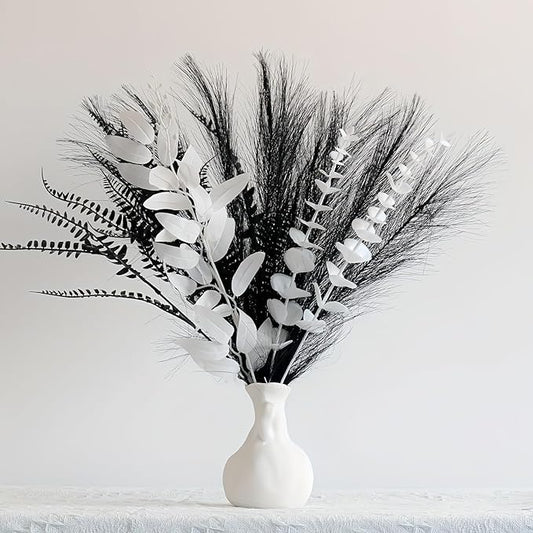 Black and white artificial bouquet in minimalist Nordic style, featuring artificial eucalyptus leaves and pampas grass for home decor, perfect as a centerpiece for hotel desks or dining tables.