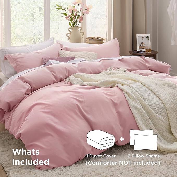 Bedsure Pink Duvet Cover King Size - 3 Pieces Prewashed Cotton-Like Extra Soft Bedding Set, Includes 1 Duvet Cover 104x90 Inches with Zipper Closure & 2 Pillow Shams, Comforter Not Included