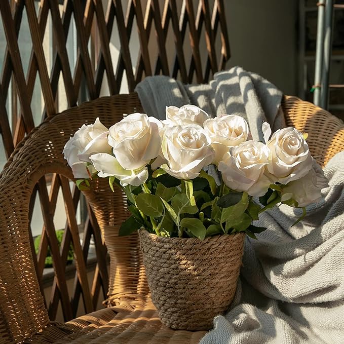 Nubry Artificial Silk Rose Flower Single Stem Lifelike Vintage Fake Rose for Wedding Bouquet Floral Arrangements Home Party Centerpiece Decoration, 10pcs (Vintage Ivory)