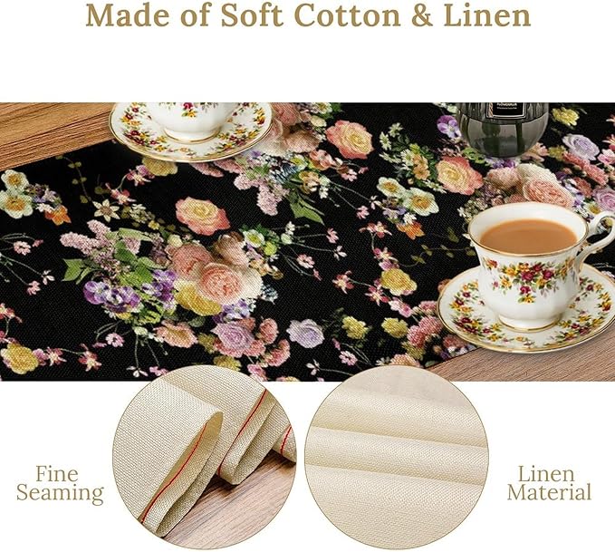 Vintage Floral Table Runner,Gothic Retro Flowers Spring Summer Seasonal Table Runner for Home Kitchen Table Dining Indoor Outdoor Party Decor 13x60 Inch