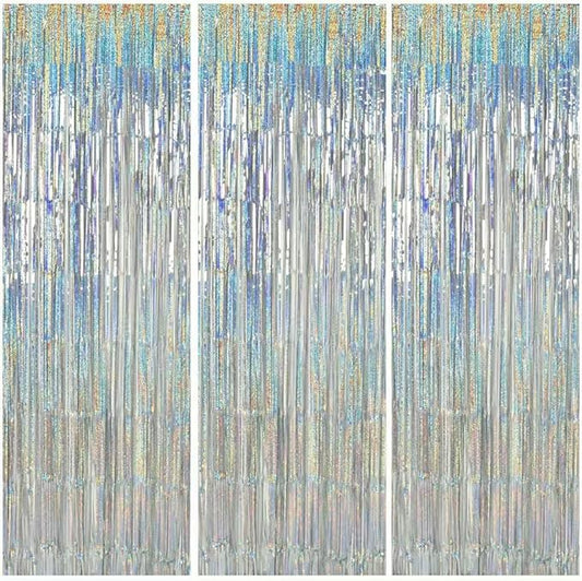 TONIFUL 3Pcs Laser Silver Door Streamers,Laser Silver Photo Booth Backdrop Metallic Streamers Foil Fringe Curtains for Birthday,Christmas,New Year,Bachelorette,Grad Party(9.9ft x 6.6ft)