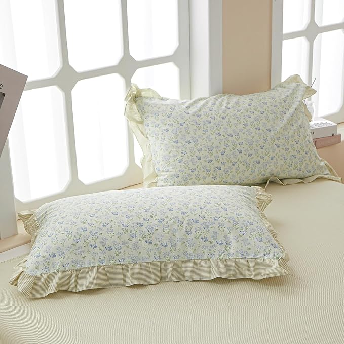 VM VOUGEMARKET Green Stripes Lace Comforter Set Full Reversible Ruffle Bedding Set Vintage Fresh Blue Flower Comforter with 2 Pillow Shams for Teen Girls(3pcs,Full)