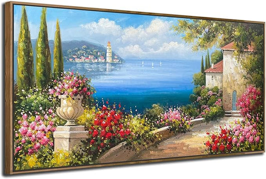 Arjun Large Wood Framed Landscape Wall Art Canvas Living Room Hand Painted, Mediterranean Seascape Painting Bedroom Flower Blue Ocean Picture Artwork Home Office Wall Decor, 48"x24"