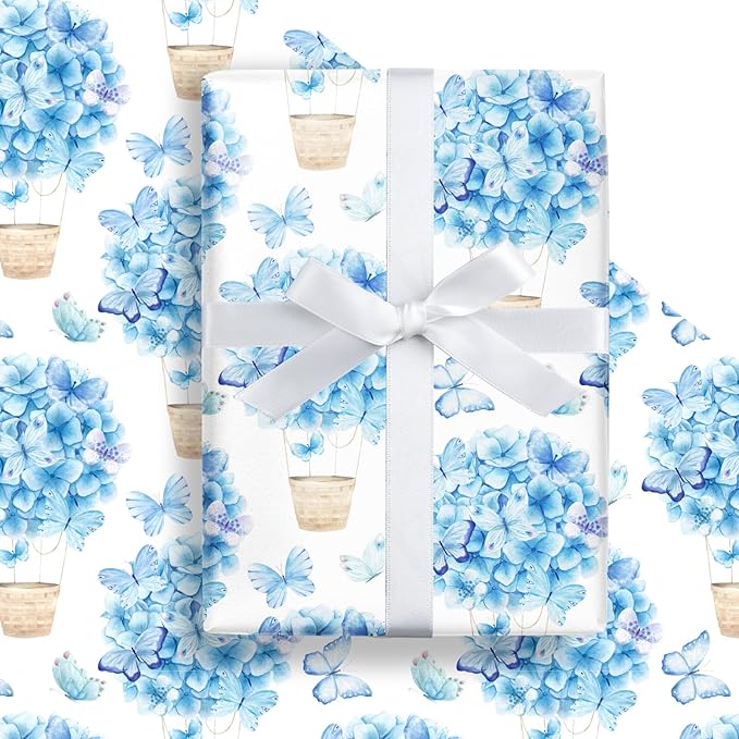 LeZakaa Blue Hydrangea Wrapping Paper Roll for Girls Kids, Hydrangea Flowers & Watercolor Butterfly Party Gift Wrap for Wedding, Baby Shower, Mother's Day, Birthday, Mini Roll, 17 inches x 16.4 Feet