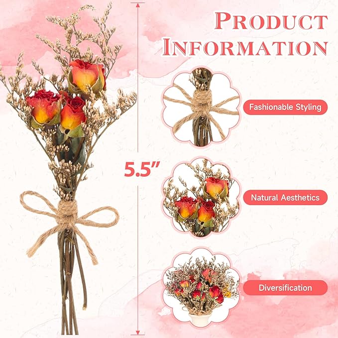 VAIPI 10 Pack Red Rose Dried Flower Bouquets Natural Real Dry Flowers with Stem Mini Roses Flower Bundles Dried Floral Arrangement for Vase, Carfts, Wedding, Valentines Day, Anniversary, Home Decor