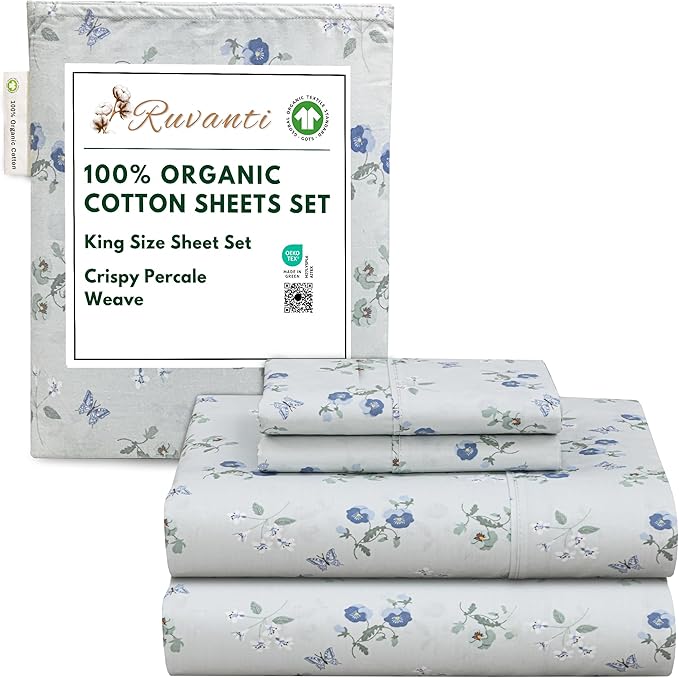 RUVANTI 100% Organic Cotton Sheets King Size, Percale Weave, GOTS Certified, 4-Piece Set, Deep Pocket 15", Crisp & Breathable, Soft Durable Bedding, Sábanas Algodón Orgánico – Butter Flight