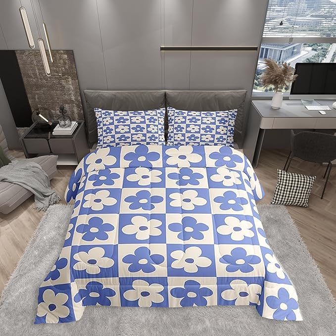Castle Fairy Kids Cute Flowers Plaid Queen Size Comforter Set,Blue and Cream Floral Checked Bedding Set with 2 Pillowcases,Fashion Geometric Style Breathable Durable Polyester Bedding Set