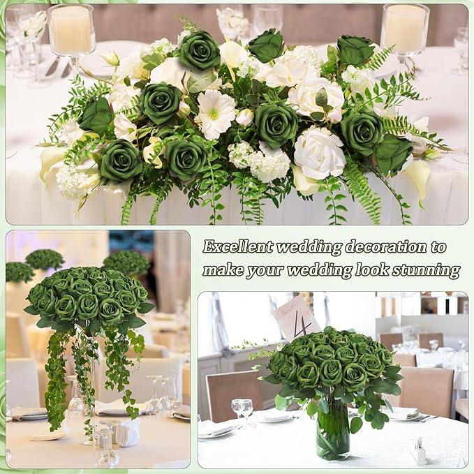 30pcs Fake Roses Artificial Silk Flowers Long Stems Bouquet for Wedding Bridal Shower Party Home Decoration (Green)