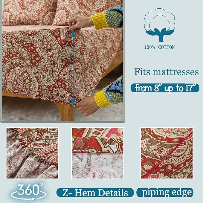 Zusbest Queen Size Bed Sheet Set 100% Cotton Burgundy Red Paisley Patterned Sheets Luxury Soft Breathable Crispy Cooling Percale Boho Bed Set Deep Pocket 17.5 Inches, 4 Pieces