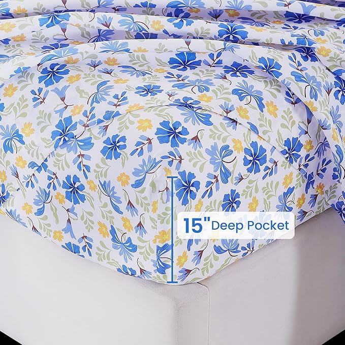 Softan Vintage Blue Floral Full Bed Sheets, Cozy Microfiber Flower Printed Sheets with 15" Deep Pocket Fitted Sheet & Non-Slip Straps, Patterned Floral in Blue & Amber Sheets & Pillowcase Set