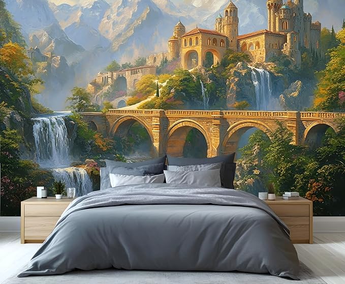 Fantasy Castle Wall Mural, Magical Waterfall Landscape 3D Wall Murals, Royal Palace Wallpaper Mural, for Living Room Bedroom Large Wallpaper Indoor Decor 157.5" W x110.3 H