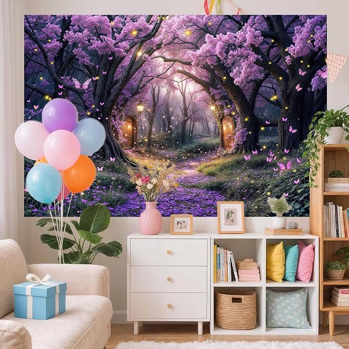7X5ft Enchanted Forest Backdrop Fairy Tale Purple Wonderland Garden Tree House Floral Butterfly Photography Background for Kids Girl Baby Shower Birthday Party Decoration Banner Booth Props