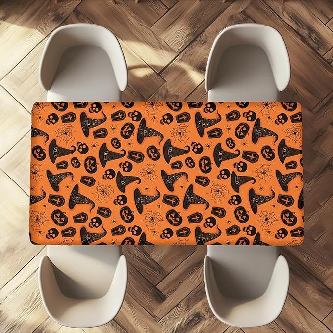 Rectangle Table Cloth Cover Waterproof Elastic Fitted Polyester Fitted Tablecloths for 8 Foot Tables for Indoor,Picnic, Camping, Outdoor （96" x 30"，Halloween Tablecloth）