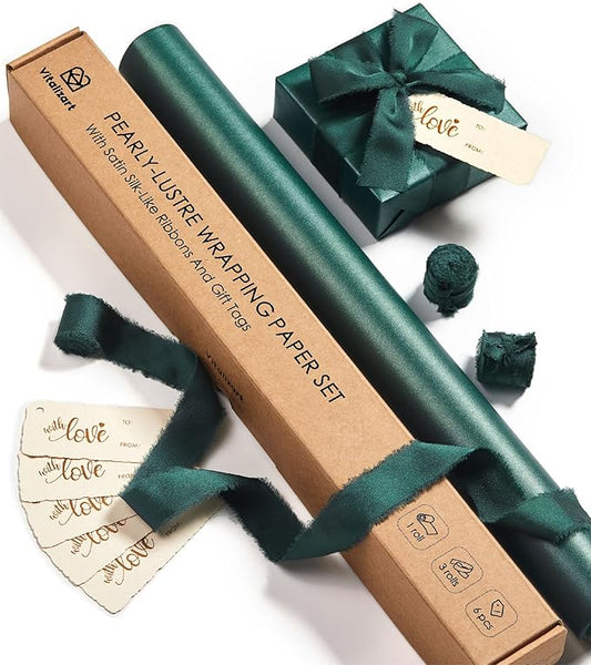 Vitalizart Green Wrapping Paper Set 17" Pearly-Lustre With Silk Like Satin Ribbon & Gift Tags Recyclable Christmas Gift Wrapping Birthday Baby Shower Wedding Handmade Crafts 197"(16.4 Ft)