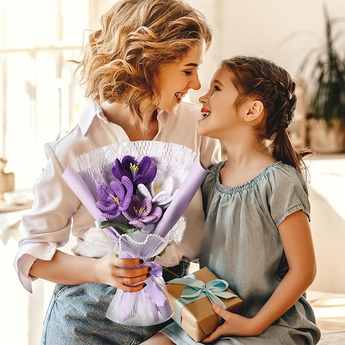 Crochet Flowers Bouquet Gift Christmas Crochet Flower Tulips Completed Handmade Knitted Bouquet with Card for Women Girlfriend Lover Appreciation Gift Birthday Wedding Teacher Decor(Purple)