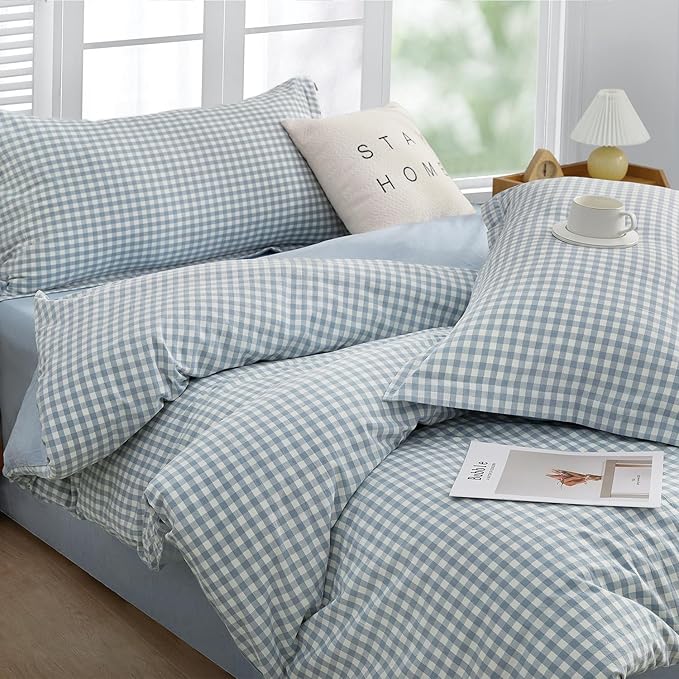 SAPHREAS Twin Size Light Blue Plaid Duvet Cover 100% Washed Cotton Soft Comforter Cover Simple Style 2pcs 1 Blue Grid Duvet Cover 1 Pillow Sham, Comforter Not Included